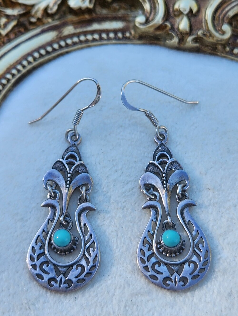Vintage 925 Sterling Silver Turquoise Filigree Drop Dangle Earrings